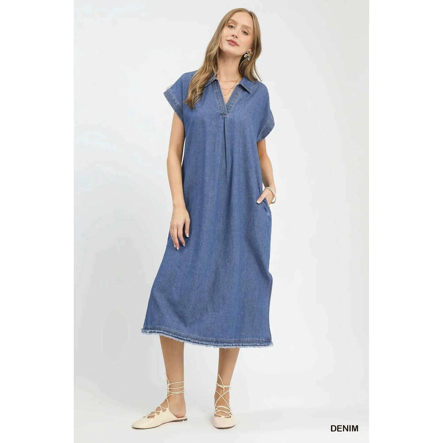 Dakota Stone Washed Denim Collared Midi Dress with Contrast Stitch - Denim