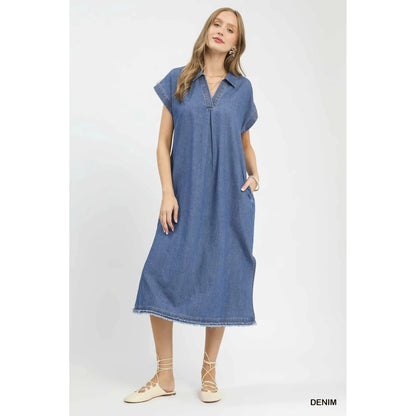 Dakota Stone Washed Denim Collared Midi Dress with Contrast Stitch - Denim