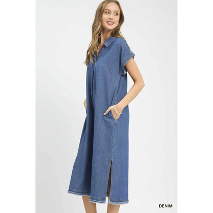 Dakota Stone Washed Denim Collared Midi Dress with Contrast Stitch - Denim