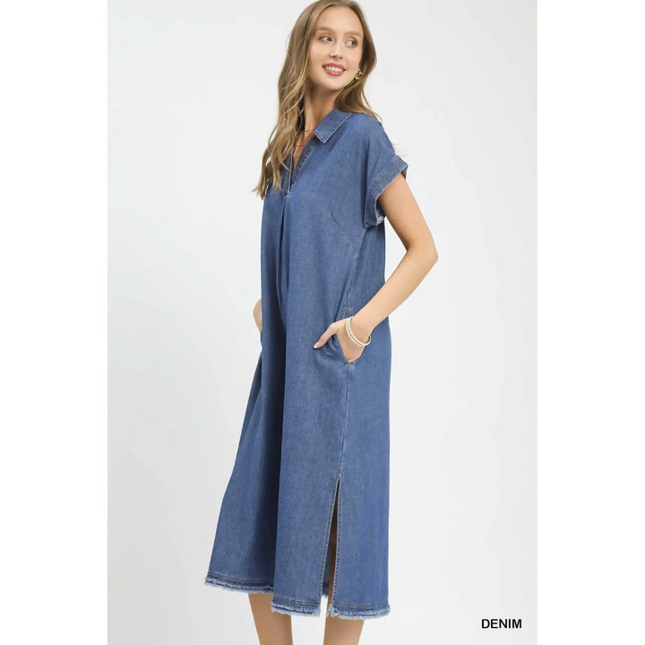 Dakota Stone Washed Denim Collared Midi Dress with Contrast Stitch - Denim