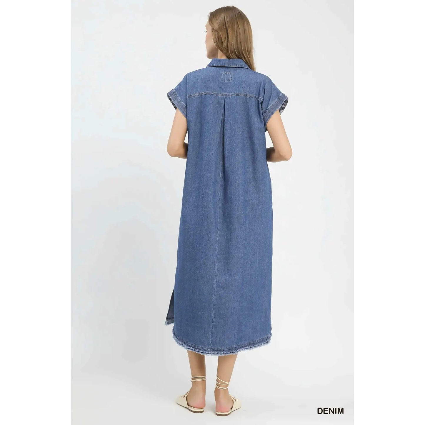 Dakota Stone Washed Denim Collared Midi Dress with Contrast Stitch - Denim