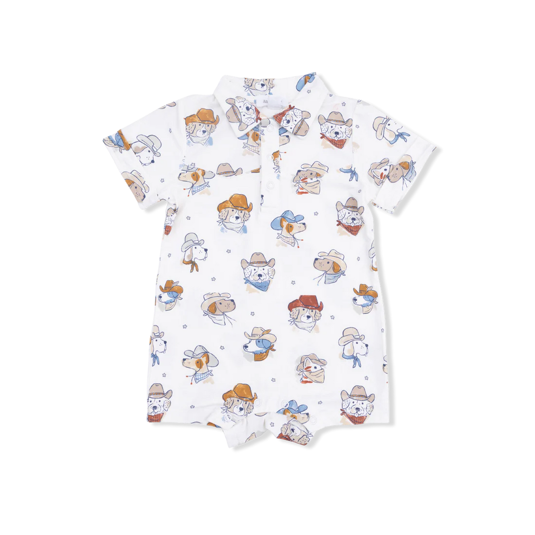 Baby boy bamboo cowboy shortie with cowdog western print and button details.