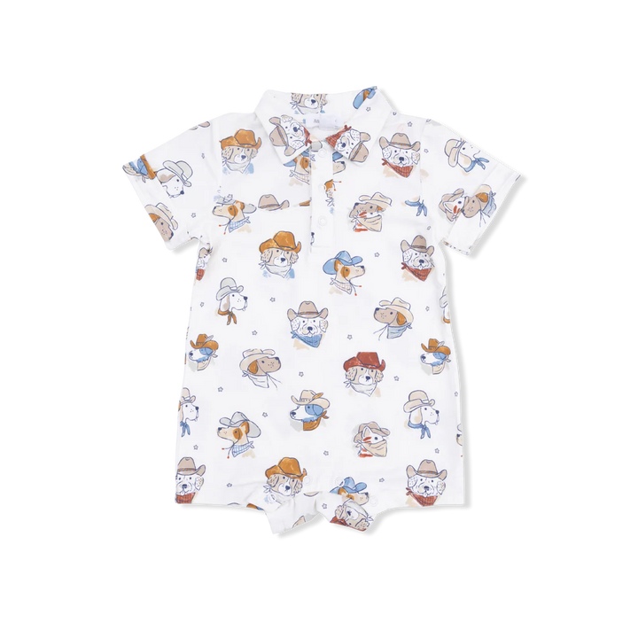 Baby boy bamboo cowboy shortie with cowdog western print and button details.