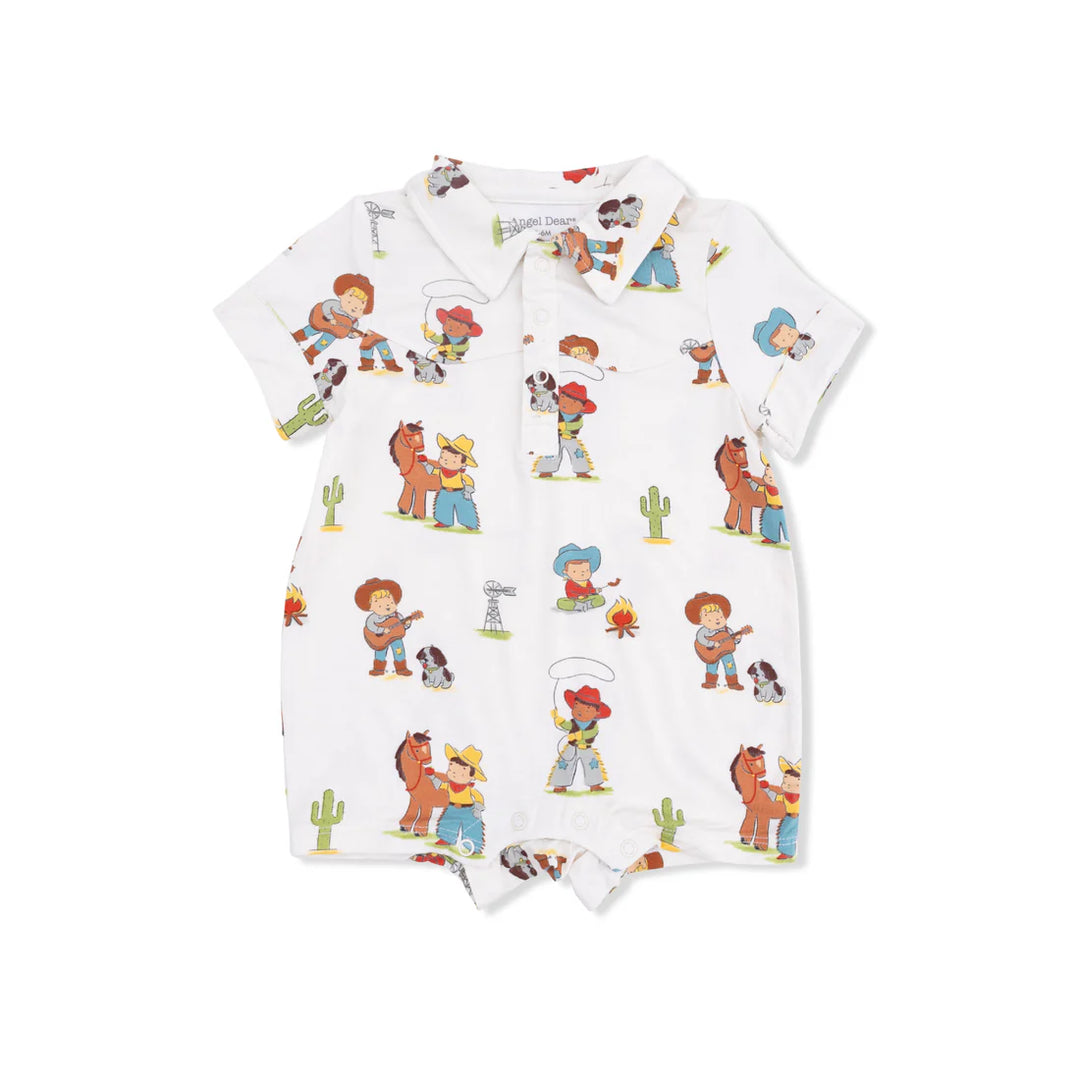 Baby boy bamboo shortie with vintage western cowboy print and button accents