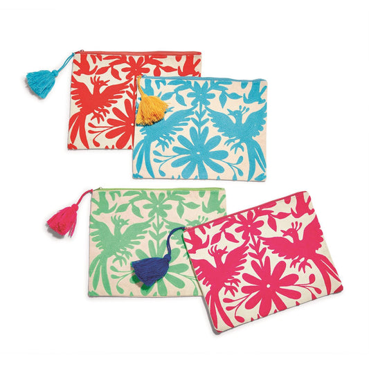 Flora and Fauna Embroidered Multipurpose Pouch with Tassel Zipper Pull