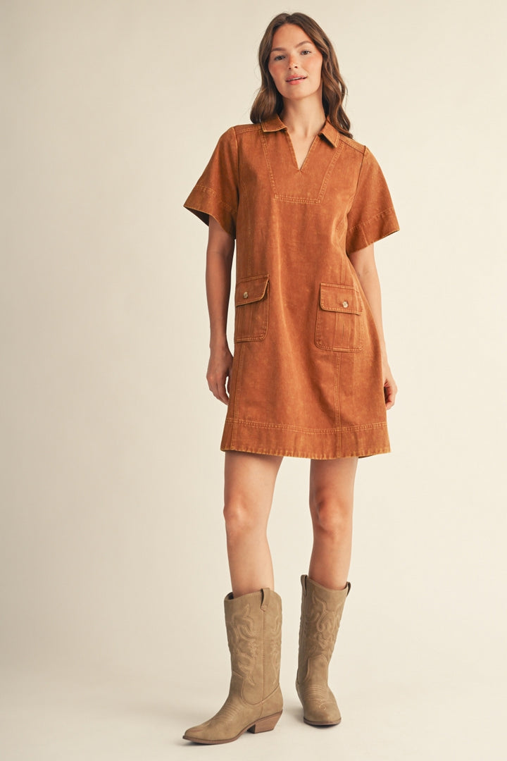 Jodifl Short Sleeve Garment Washed Shift Dress - Camel