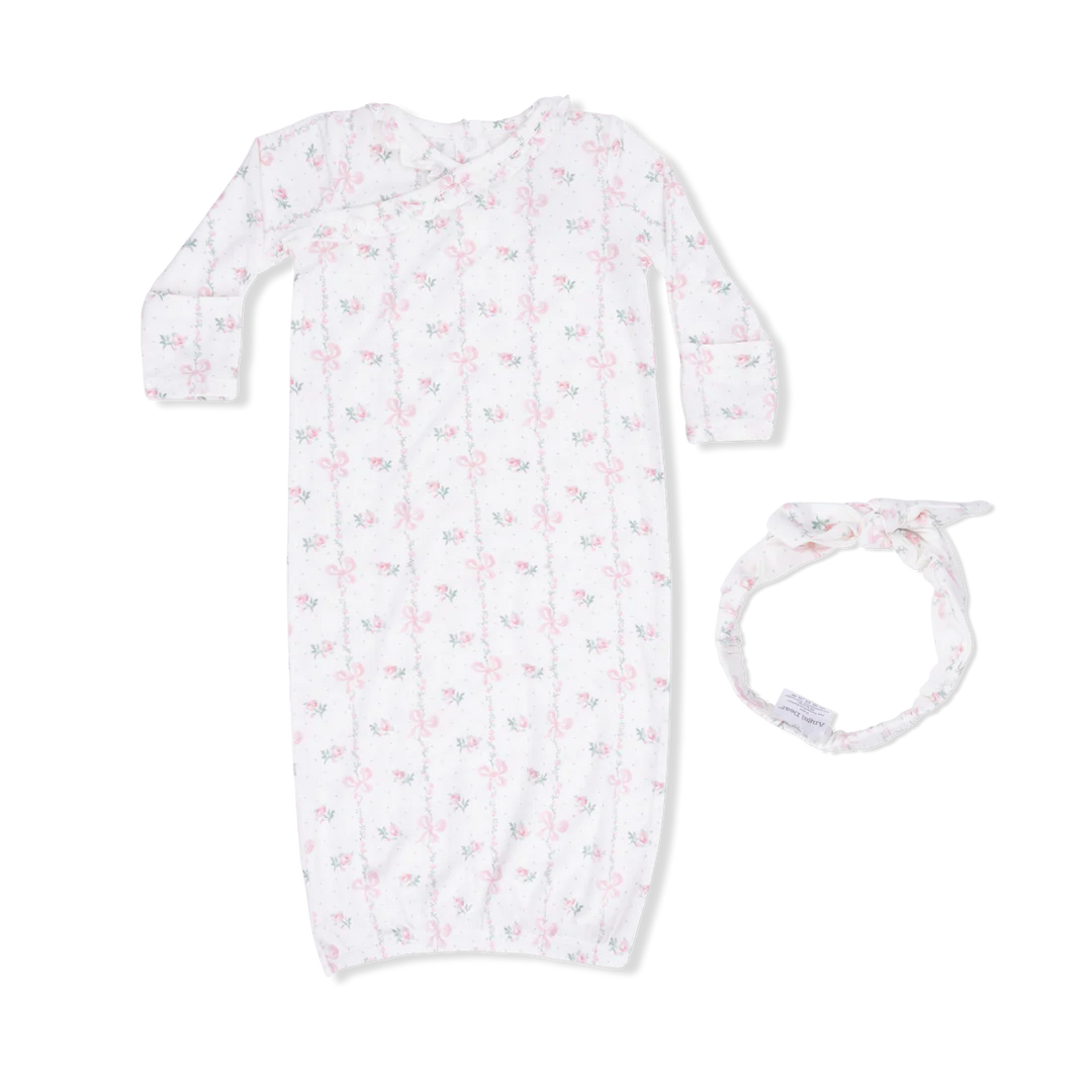 Newborn girl bamboo kimono gown and matching knot headband in Dainty Buds and Bows floral print.