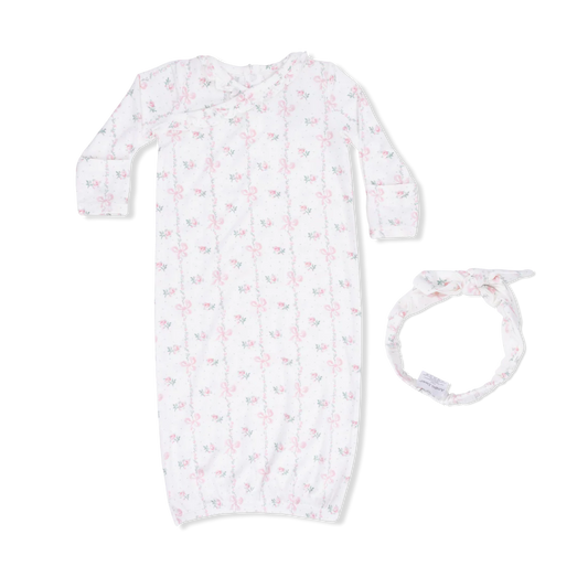 Newborn girl bamboo kimono gown and matching knot headband in Dainty Buds and Bows floral print.