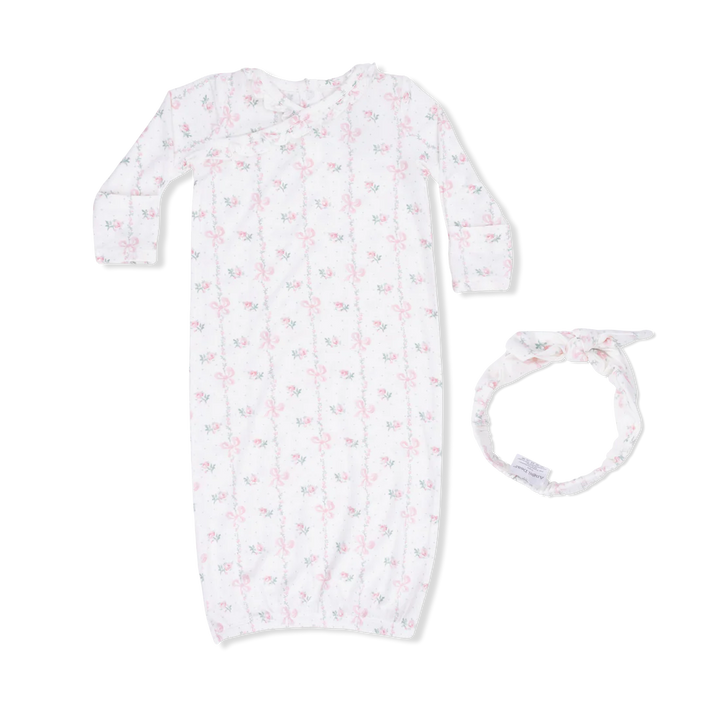 Newborn girl bamboo kimono gown and matching knot headband in Dainty Buds and Bows floral print.