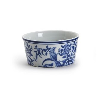 Two's Company 8 Oz. Chinoiserie Deli Container Holder featuring a hand-painted blue and white porcelain pattern.