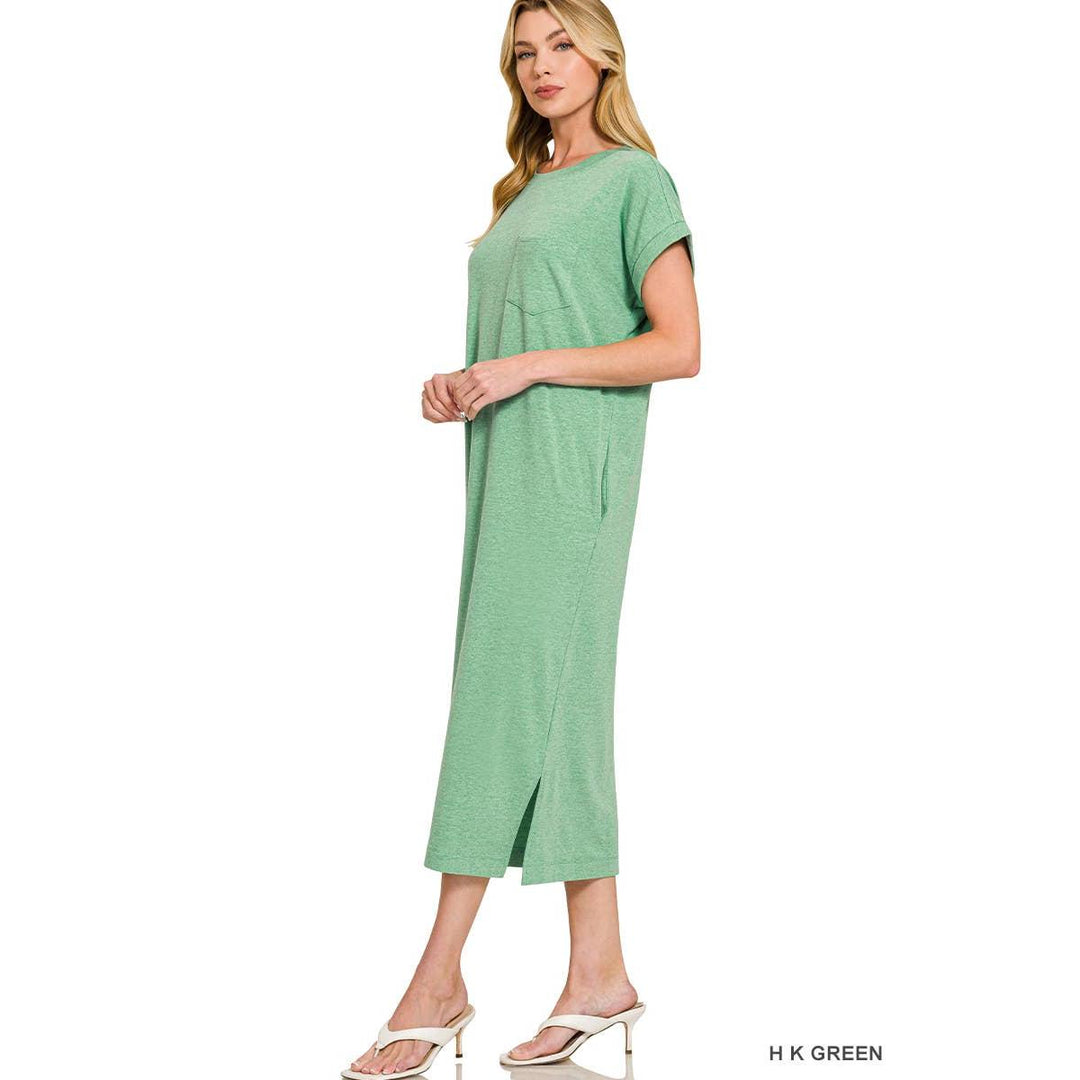 Round Neck Short Sleeve Midi Dress w/ Pockets