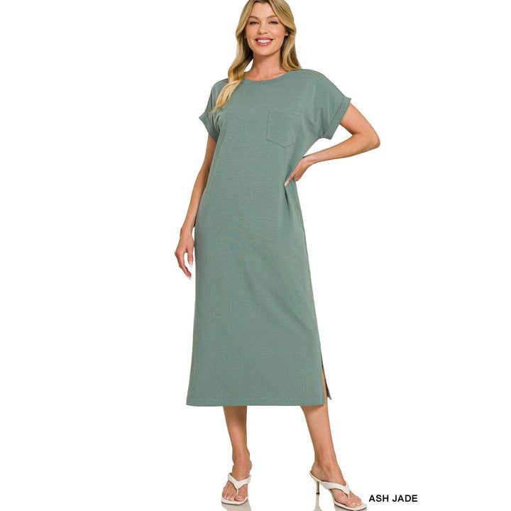 Round Neck Short Sleeve Midi Dress w/ Pockets