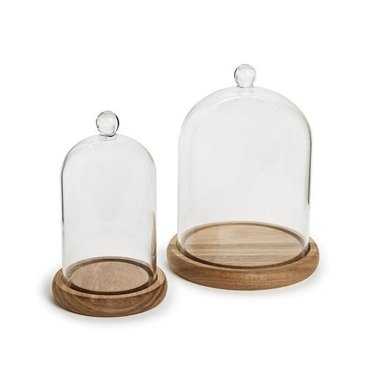 Glass cloche with acacia wood base and ball handle for food or decor display; available in small and large sizes.