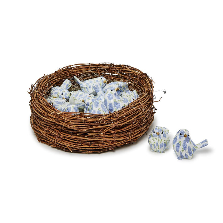 Blue hydrangea floral patterned decorative bird figurine made of resin.