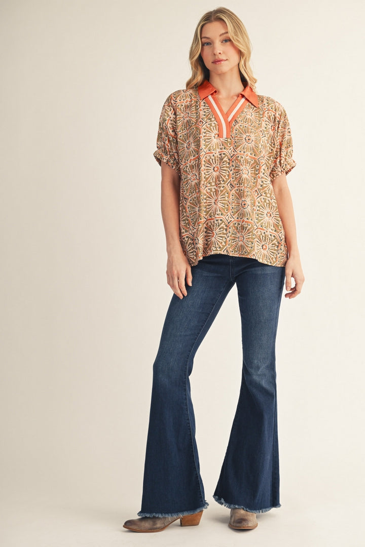 Jodifl Drop Shoulder Boho Print Top - Rust/Olive