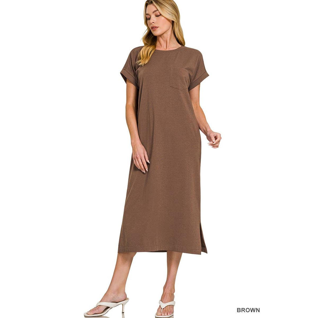 Round Neck Short Sleeve Midi Dress w/ Pockets