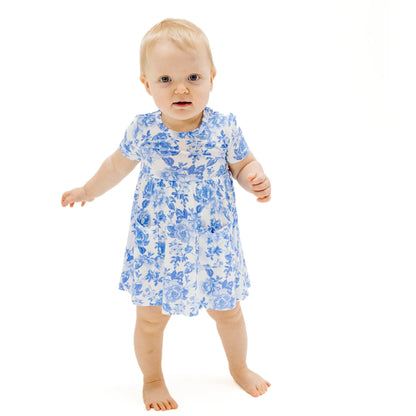 Short Sleeve Twirly Dress - Roses In Blue