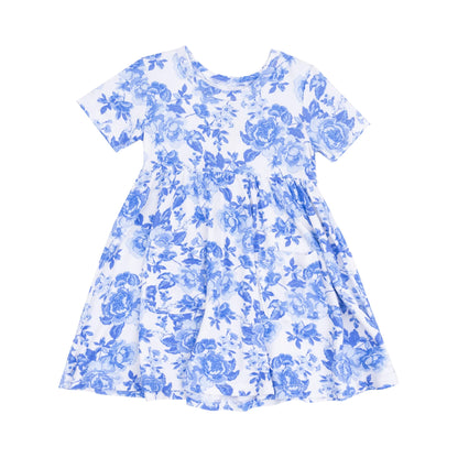 Short Sleeve Twirly Dress - Roses In Blue