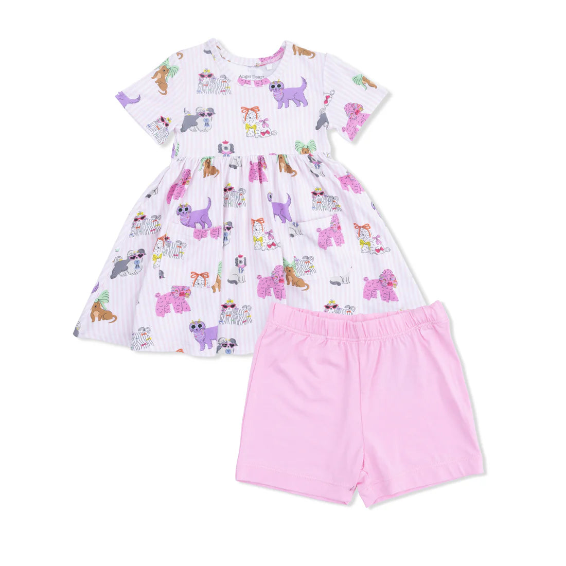 Toddler girl bamboo twirly dress and cartwheel short set in Fancy Dogs print with functional pockets.