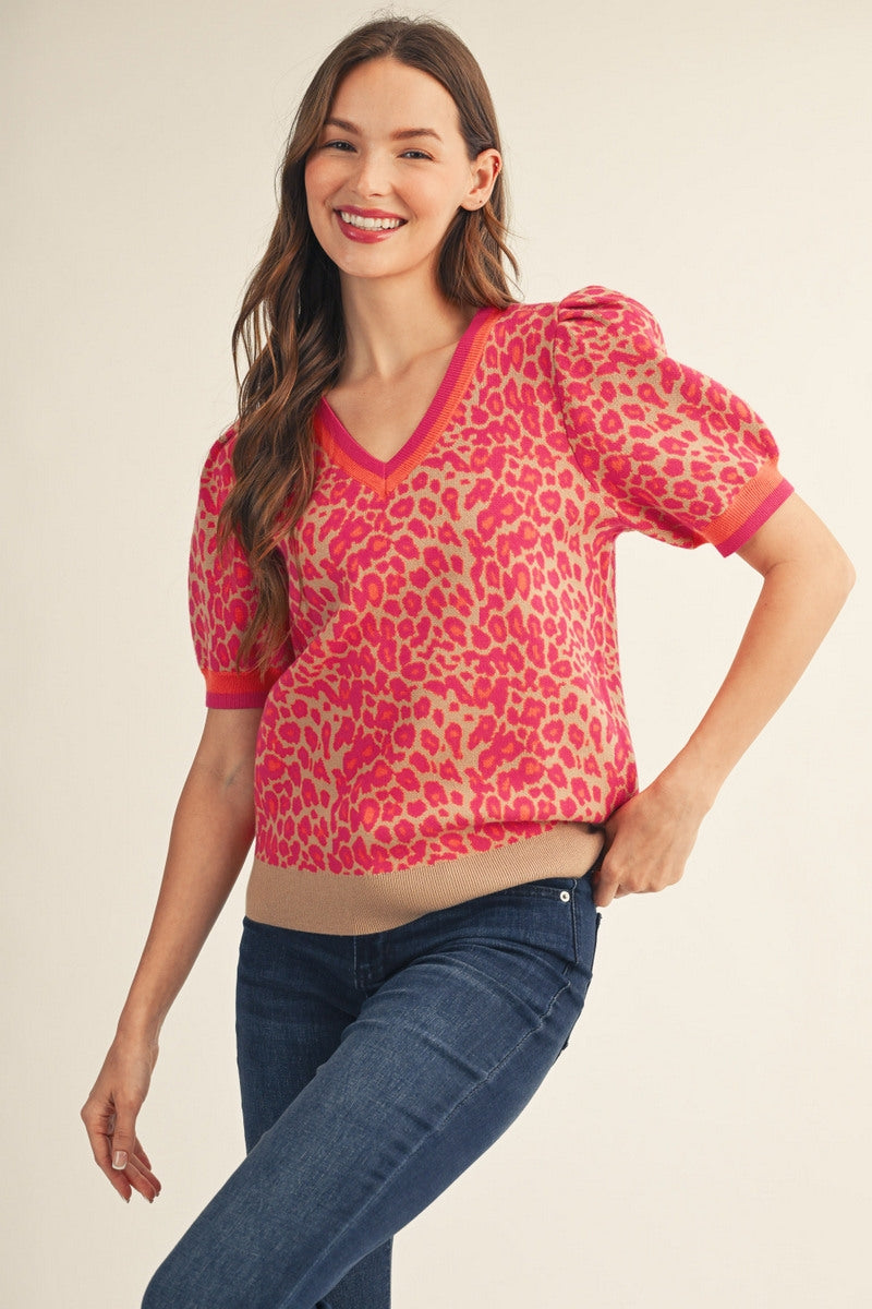 Jodifl Short Puff Sleeve Leopard Sweater Top - Hot Pink