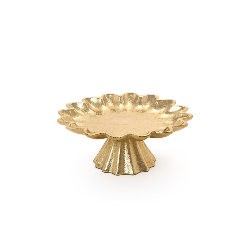 Two's Company Scalloped Edge Gold Cake Stand in a warm gold finish featuring elegant scalloped details.