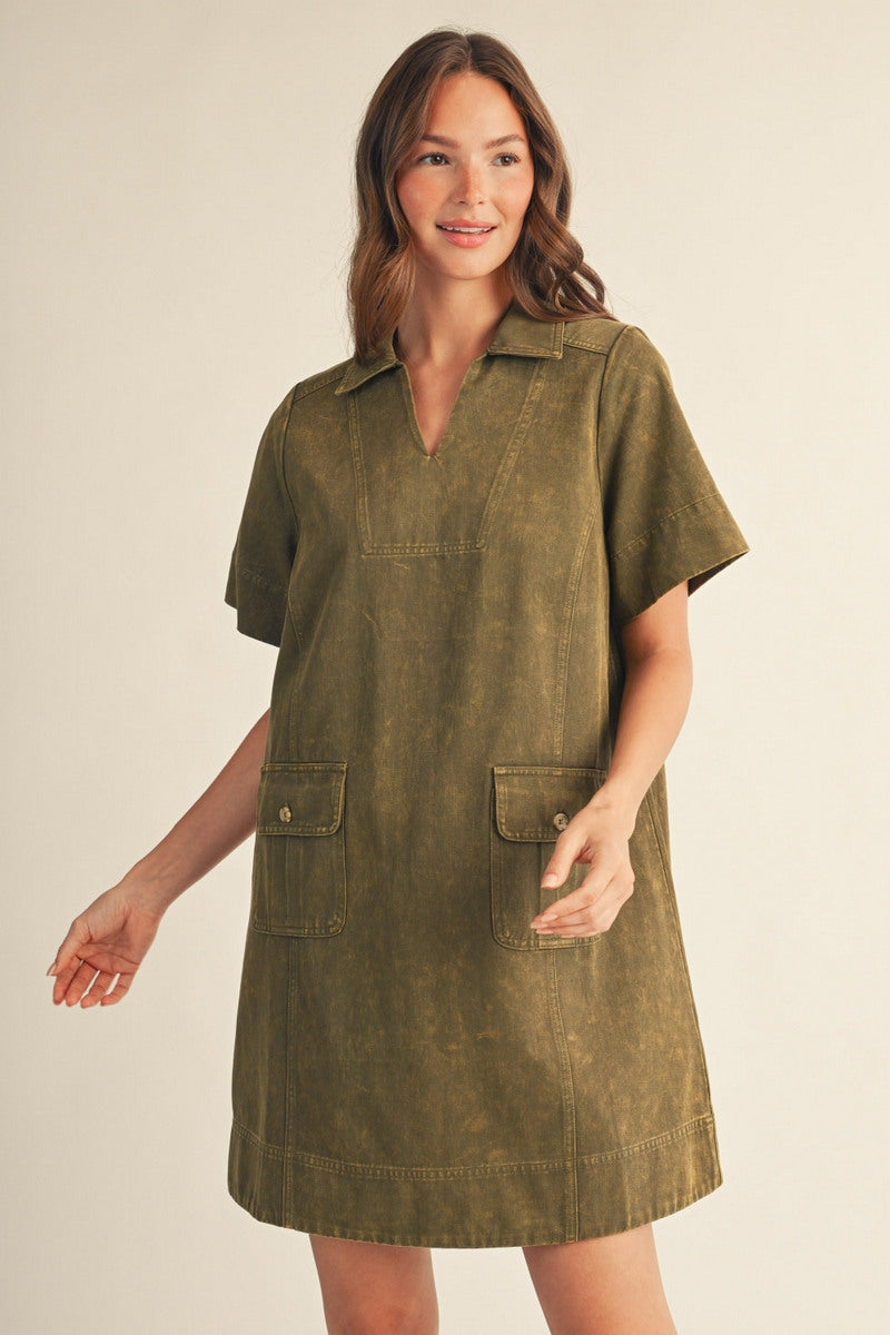 Jodifl Short Sleeve Garment Washed Shift Dress - Olive