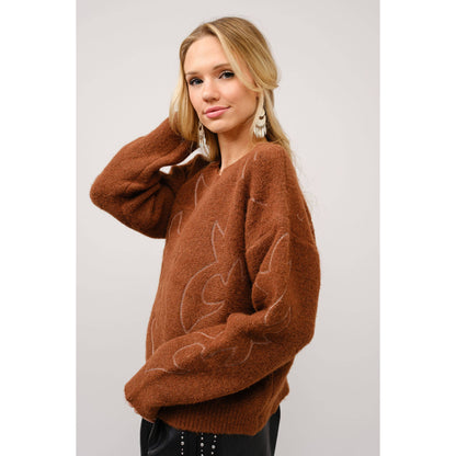 Western Boots Stitch Pattern Crew Neck Sweater