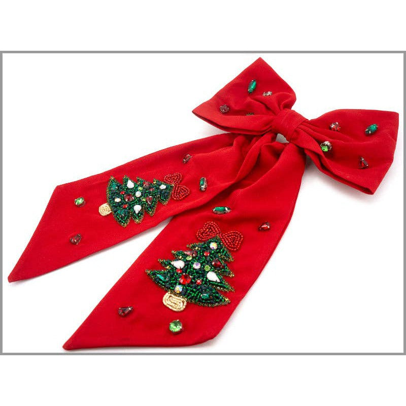 Red Hair Bow with Seed Bead Green Christmas Tree