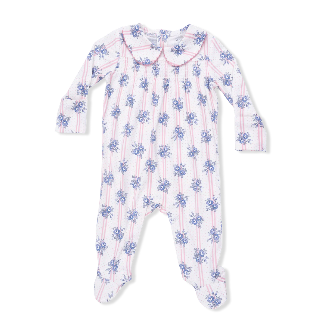 Baby girl bamboo snap footie with stripe dot roses print, smocked chest, and Peter Pan collar