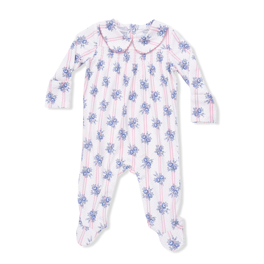 Baby girl bamboo snap footie with stripe dot roses print, smocked chest, and Peter Pan collar
