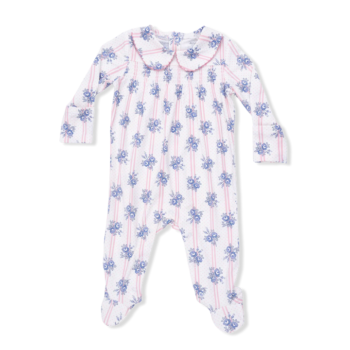 Baby girl bamboo snap footie with stripe dot roses print, smocked chest, and Peter Pan collar