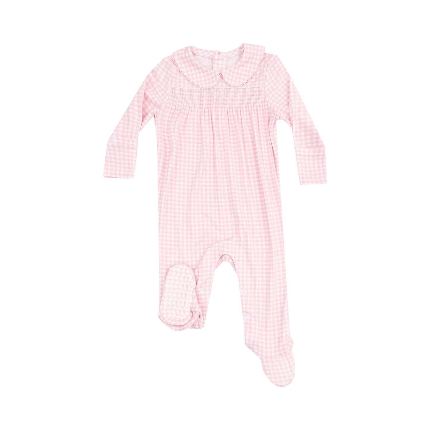 Smocked Peter Pan Footie - Mini Gingham Pink