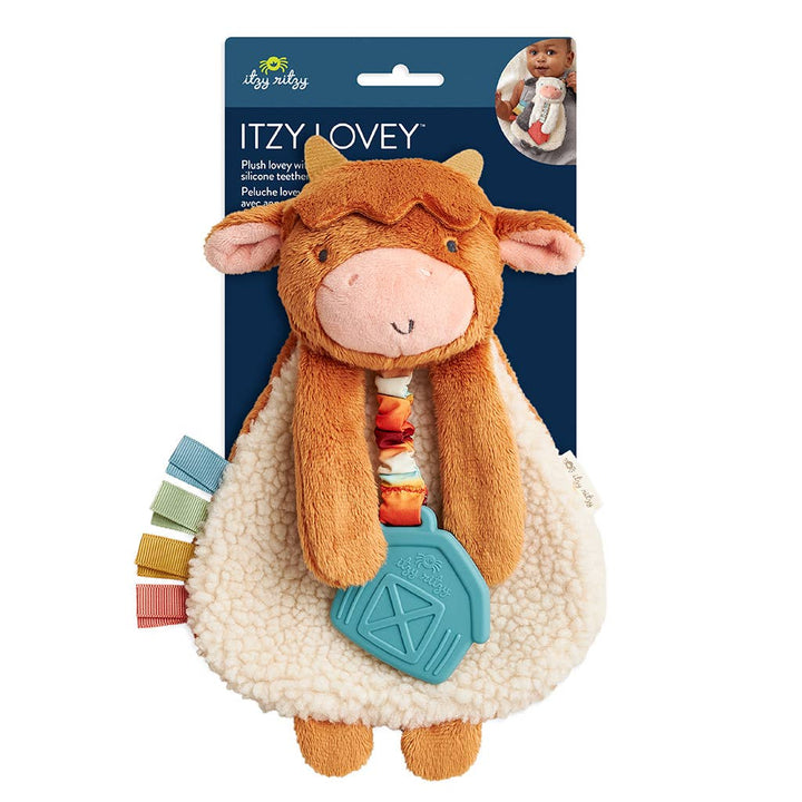 Plush toy with a blue teether and packaging labeled &