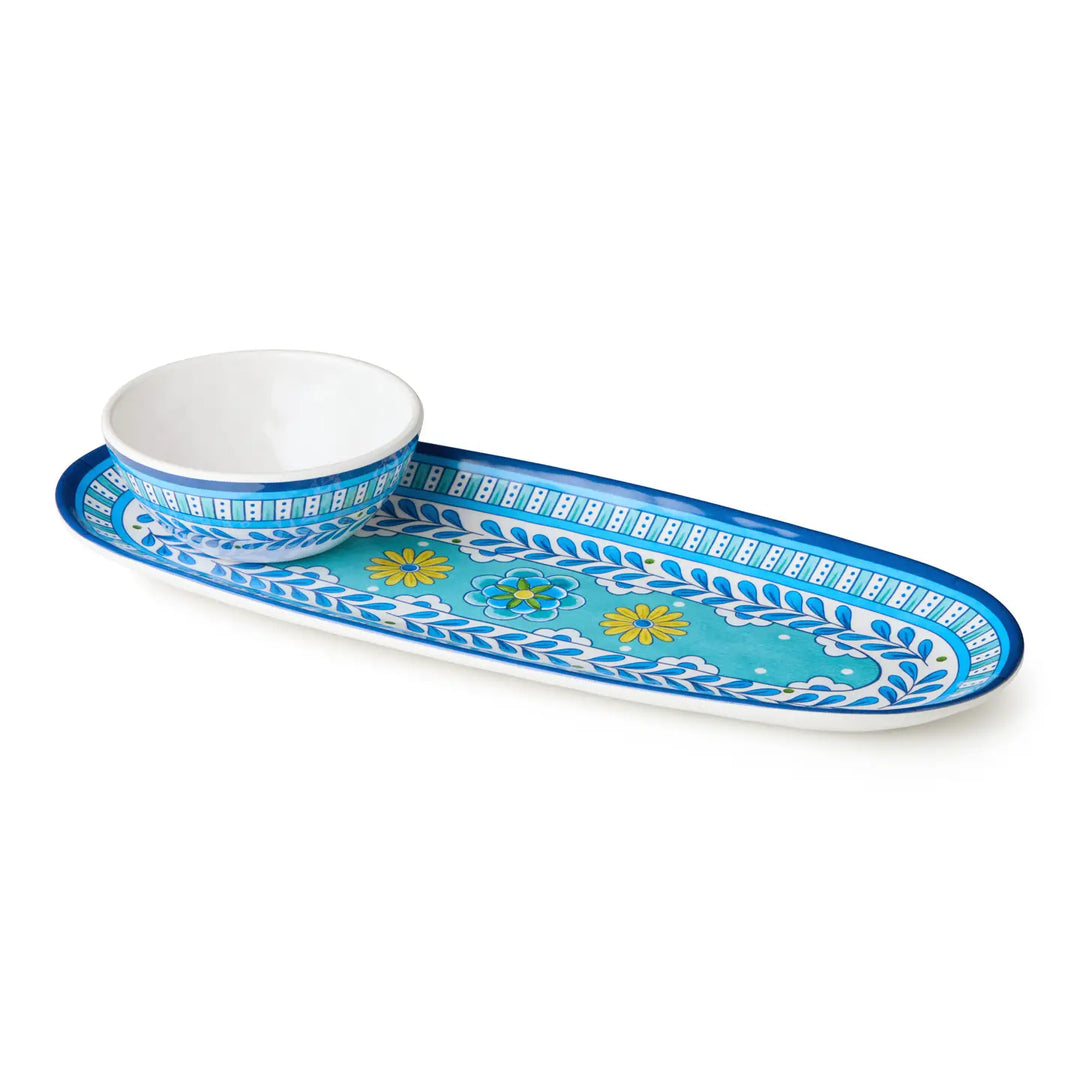 Certified International Porto 15-inch oval serving tray featuring a vibrant Mediterranean blue and white tile pattern with yellow lemon accents