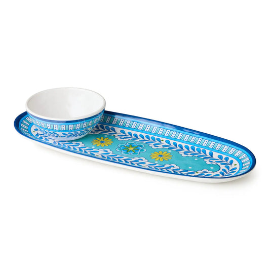 Certified International Porto 15-inch oval serving tray featuring a vibrant Mediterranean blue and white tile pattern with yellow lemon accents