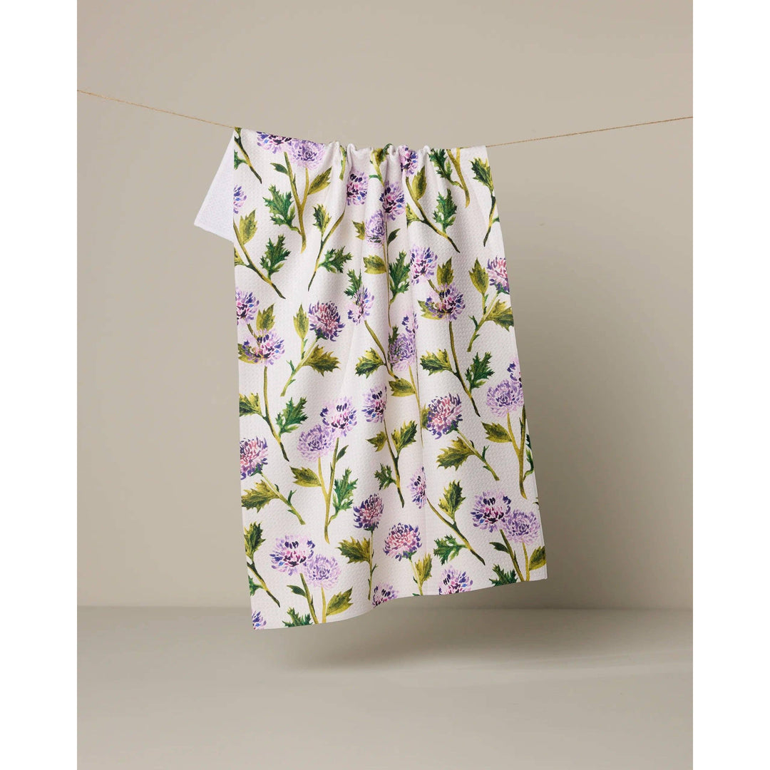 Geometry Blooming Thistle kitchen tea towel with purple thistle floral print