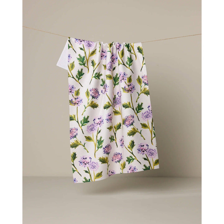 Geometry Blooming Thistle kitchen tea towel with purple thistle floral print