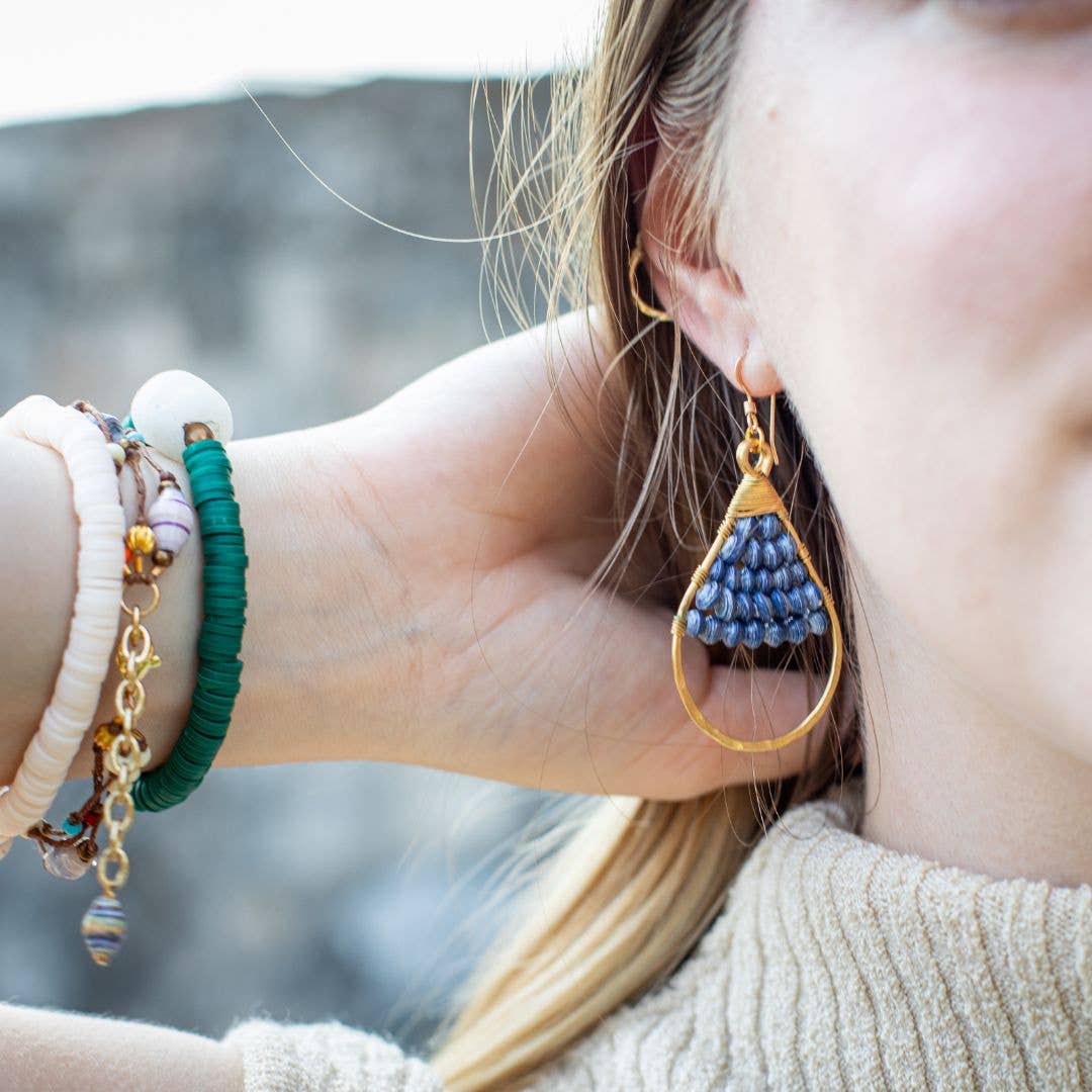 Woven Paper Bead Teardrop Hoop Earrings in Brass