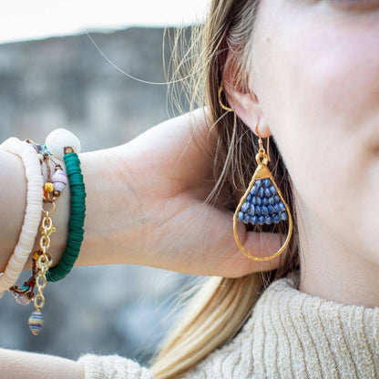 Woven Paper Bead Teardrop Hoop Earrings in Brass