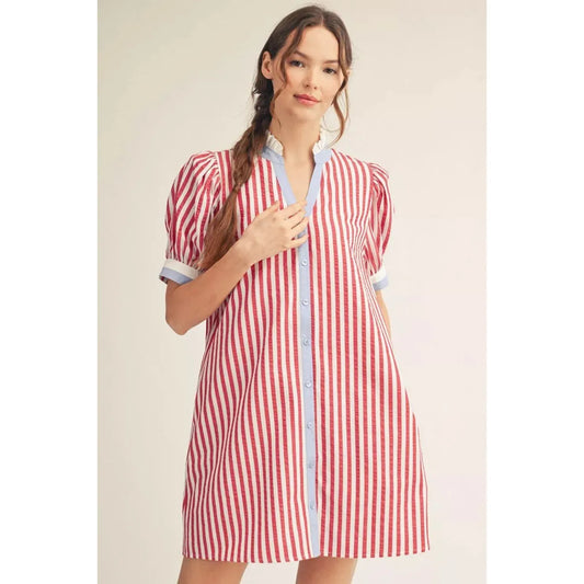 The Grace Stripe Puff Sleeve Shift Dress by Jodifl in Red — ruffled neckline, solid contrast detail, side pockets, and adorable puff sleeves. Playful and polished.