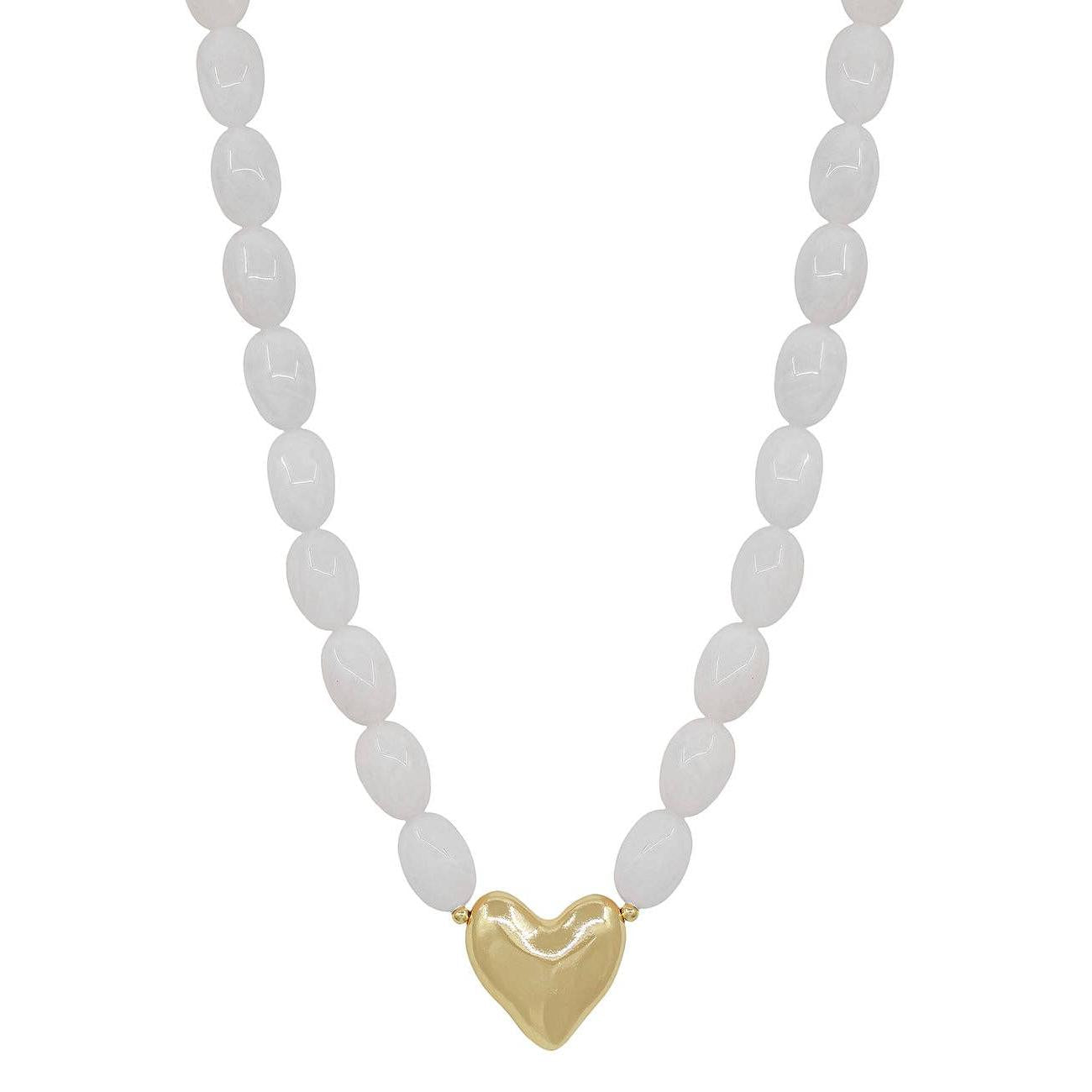 Necklace with white beads and a gold heart pendant on a white background