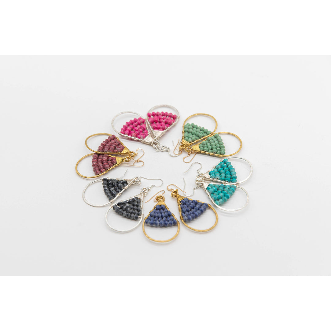 Woven Paper Bead Teardrop Hoop Earrings in Brass