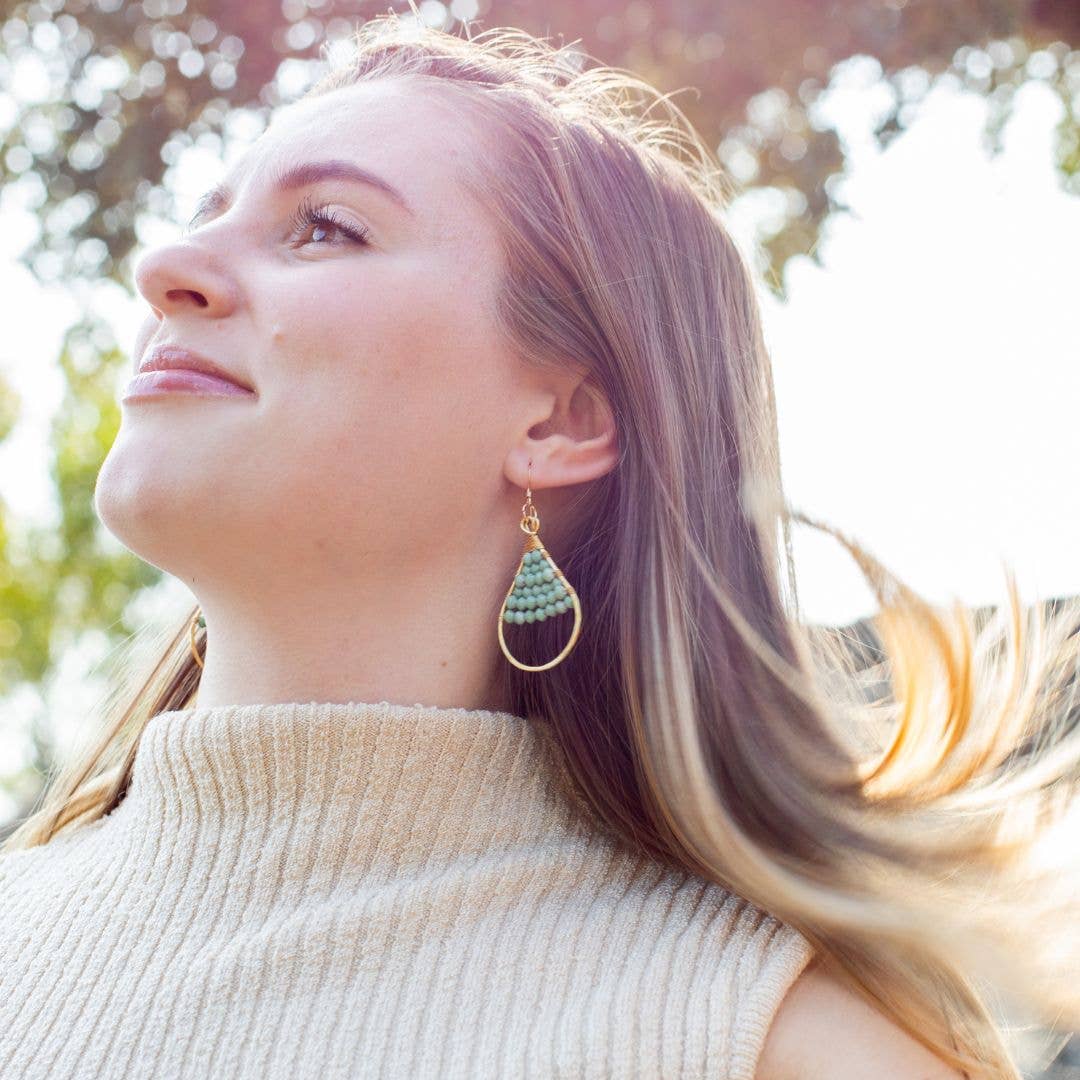 Woven Paper Bead Teardrop Hoop Earrings in Brass