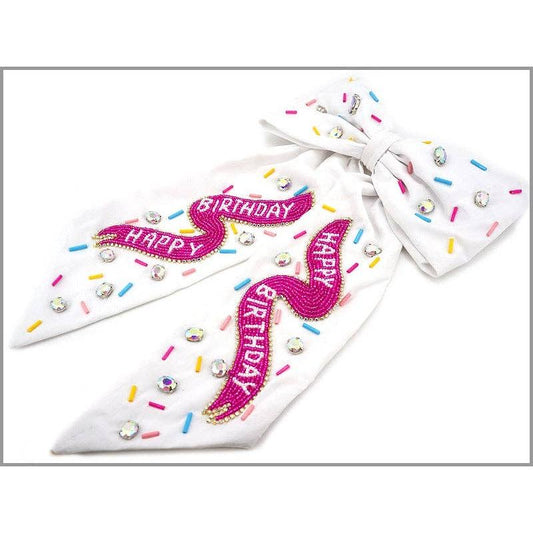 White Bow with Happy Birthday Multi Color Crystal Accents