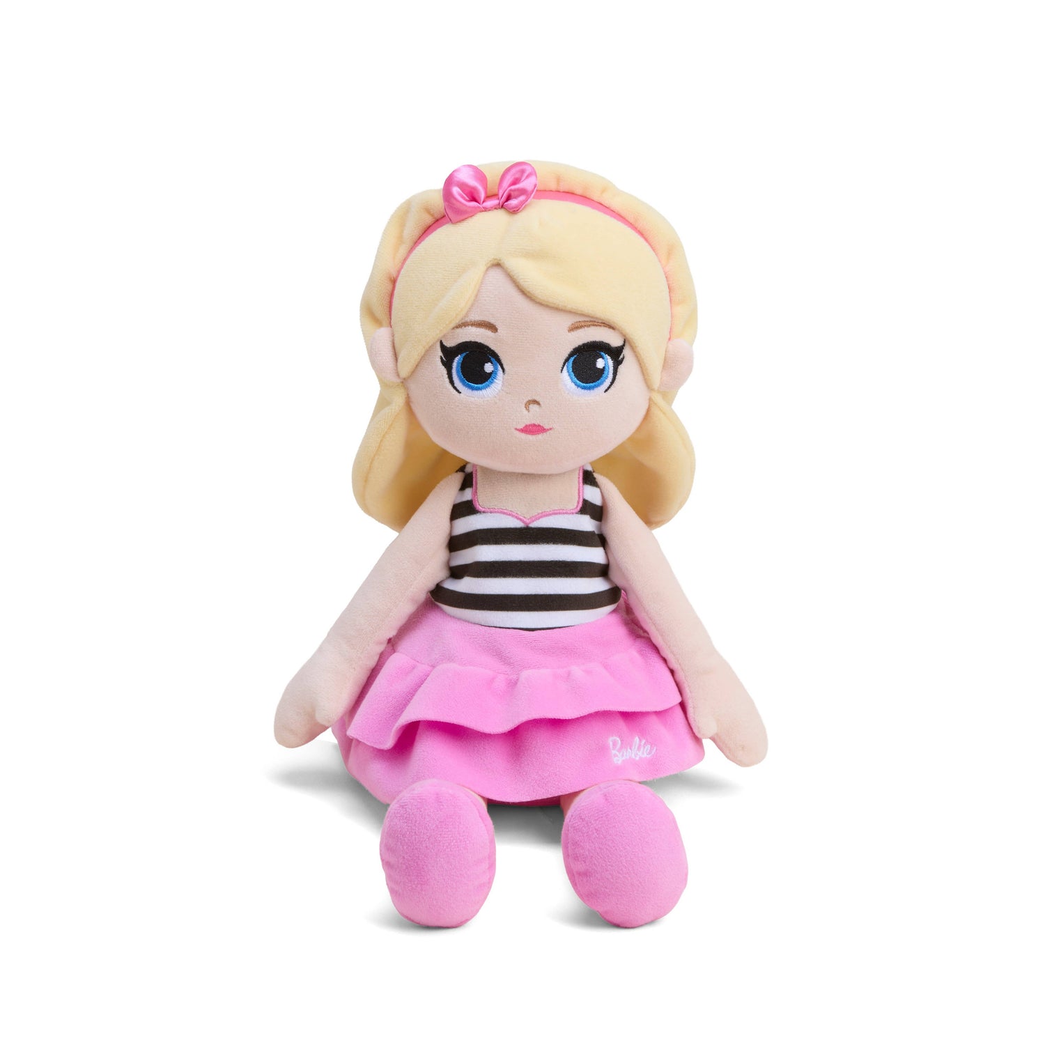 Warmies Barbie Doll microwavable lavender-scented plush wearing a pink striped dress and pink bow.