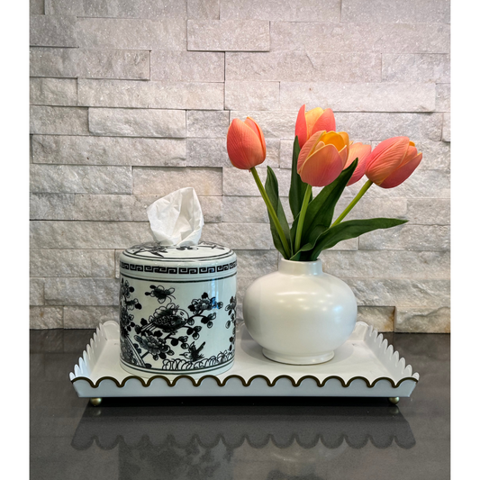 The Sylvie hand-painted black and white floral ceramic tissue box cover on a white background.