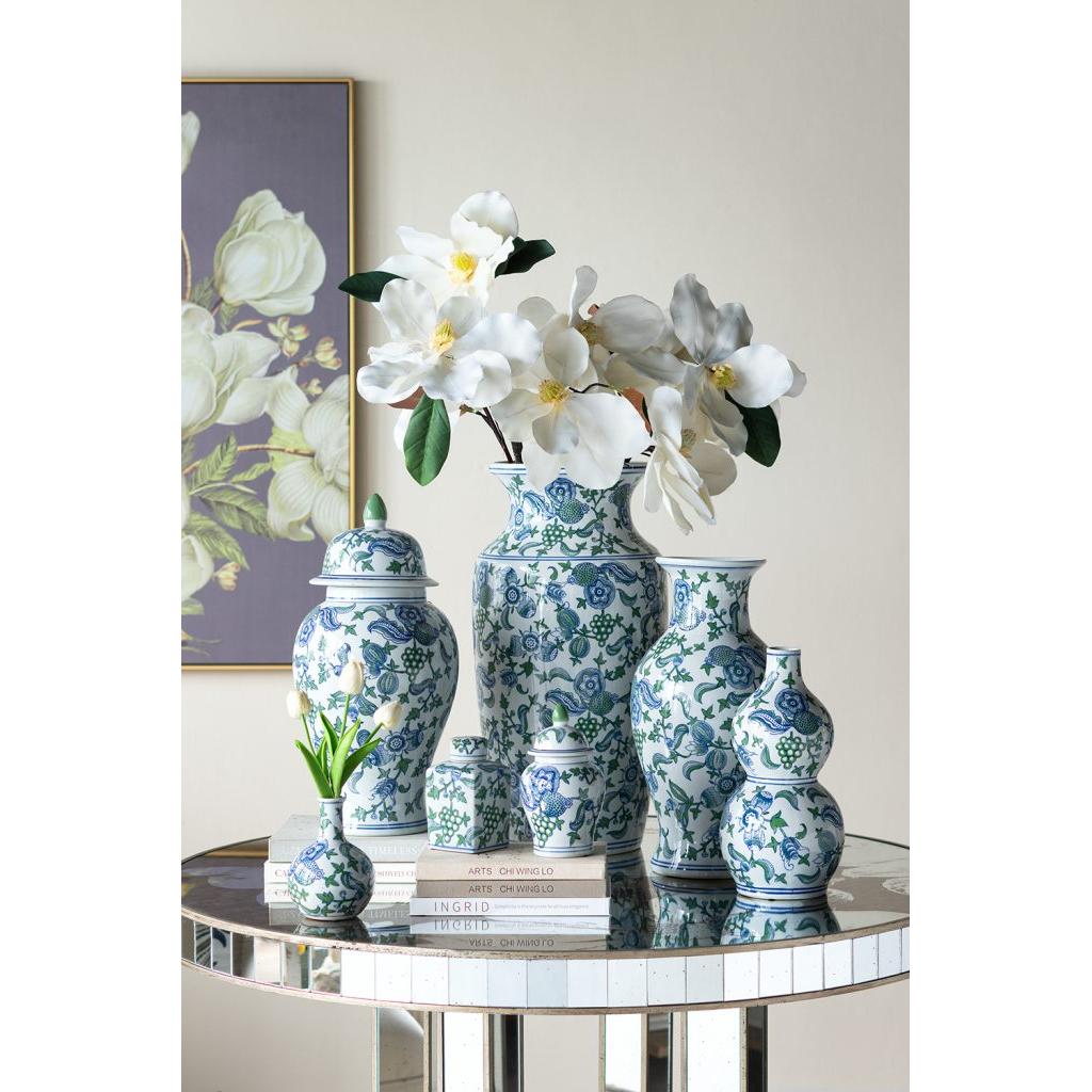 Decorative Porcelain Vase with Blue, Green &amp; White Cherry Blossom Pattern