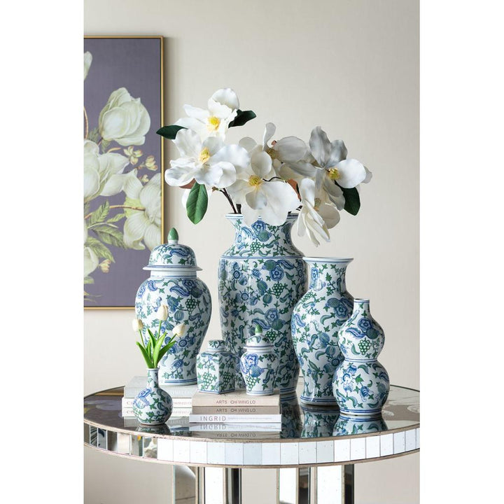 Decorative Porcelain Vase with Blue, Green &amp; White Cherry Blossom Pattern