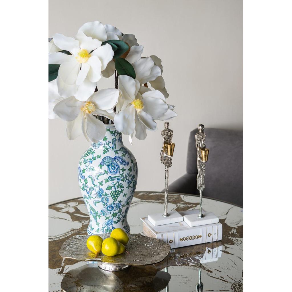 Decorative Porcelain Vase with Blue, Green &amp; White Cherry Blossom Pattern