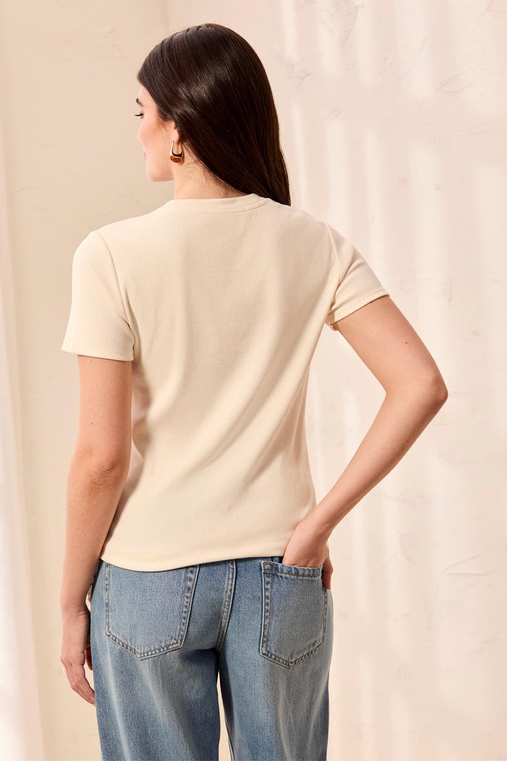 Tribal BLUE THREAD Cotton Ribbed Fitted Crew Neck Tee - Cream | Tribal Women&